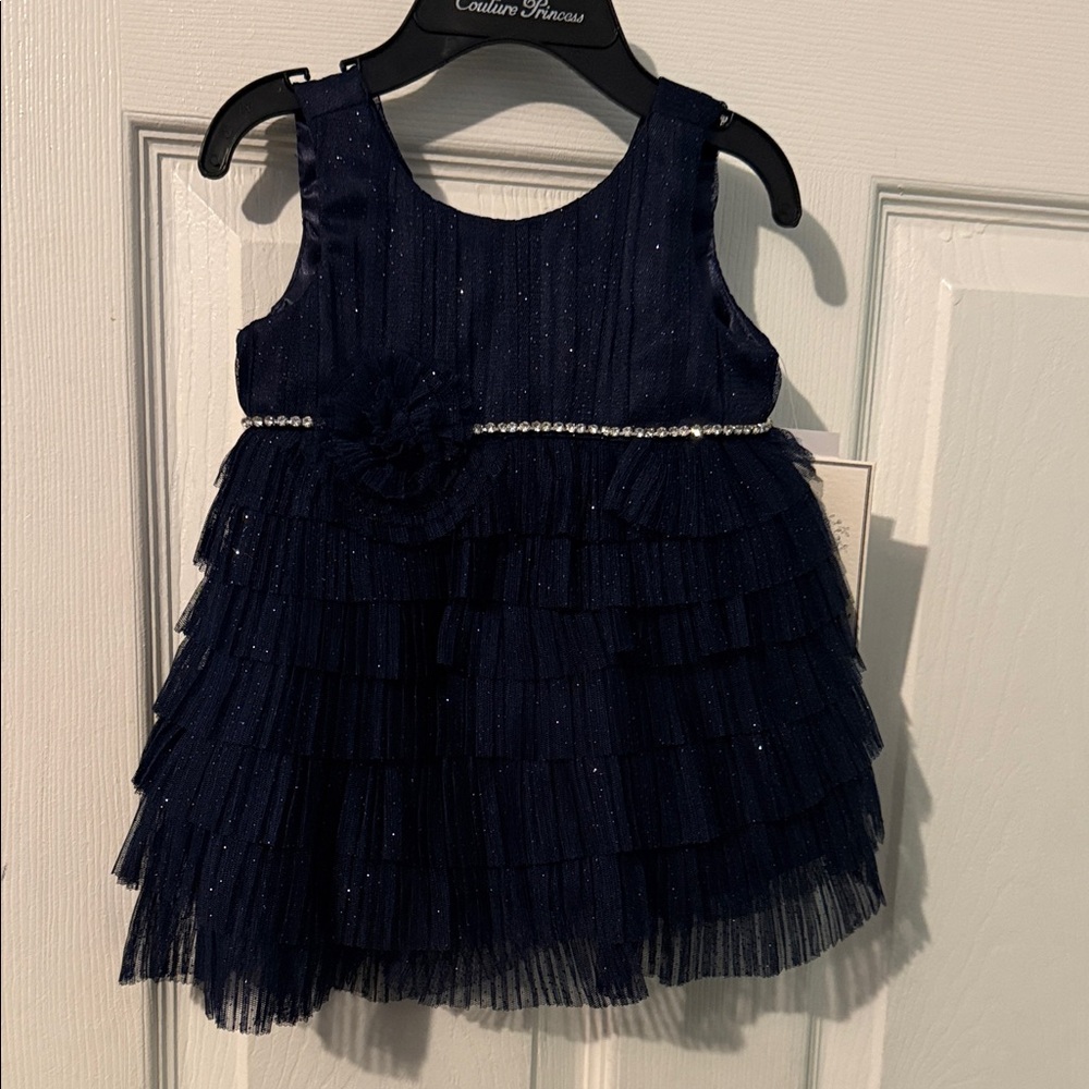Couture Princess Elegant Navy Tiered Kids Dress with Floral Accent